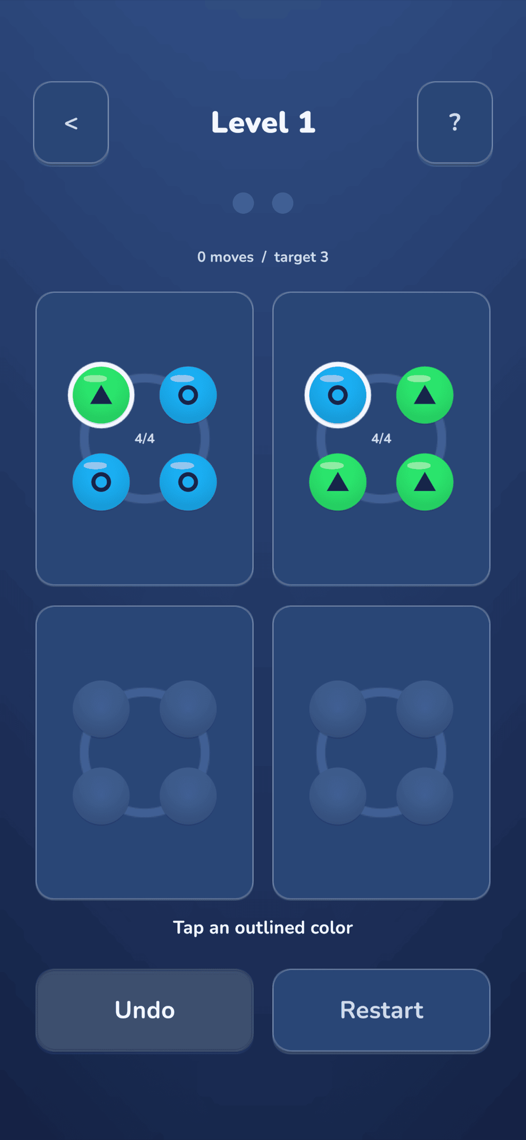The introductory Loopmio board, solvable in three moves.