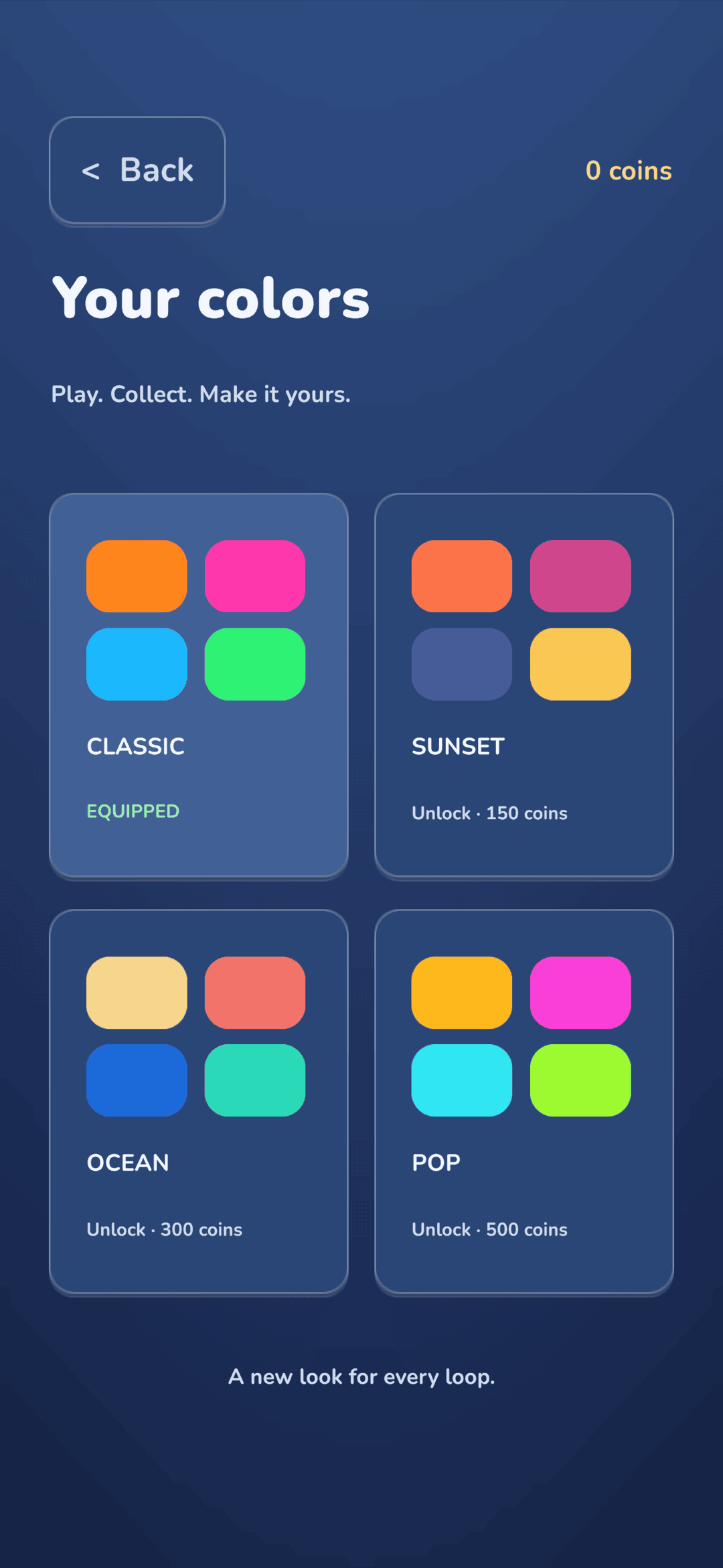 The Colors screen showing palettes unlocked with earned coins.