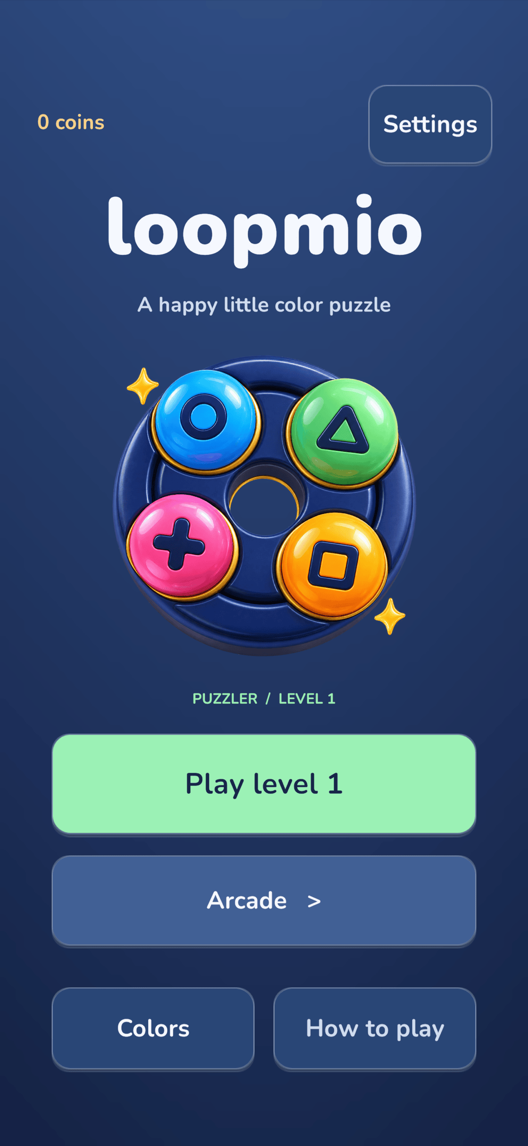 The Loopmio home screen, with Puzzler, Arcade, Colors and How to play.
